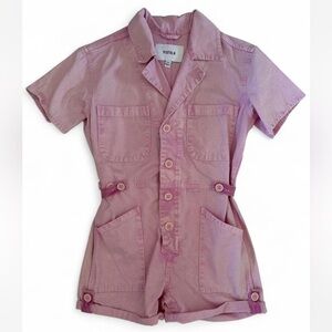 Pistola Parker short-sleeve denim romper in Aurora Pink Acid